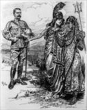 Britannia, holding her trident, introduces Lord Kitchener to a demurely veiled India. Horatio Herbert Kitchener (1850-1916) served as Commander-in-Chief, India 1902-1909. Bernard Partridge cartoon from 'Punch',  London, 16 June 1902.